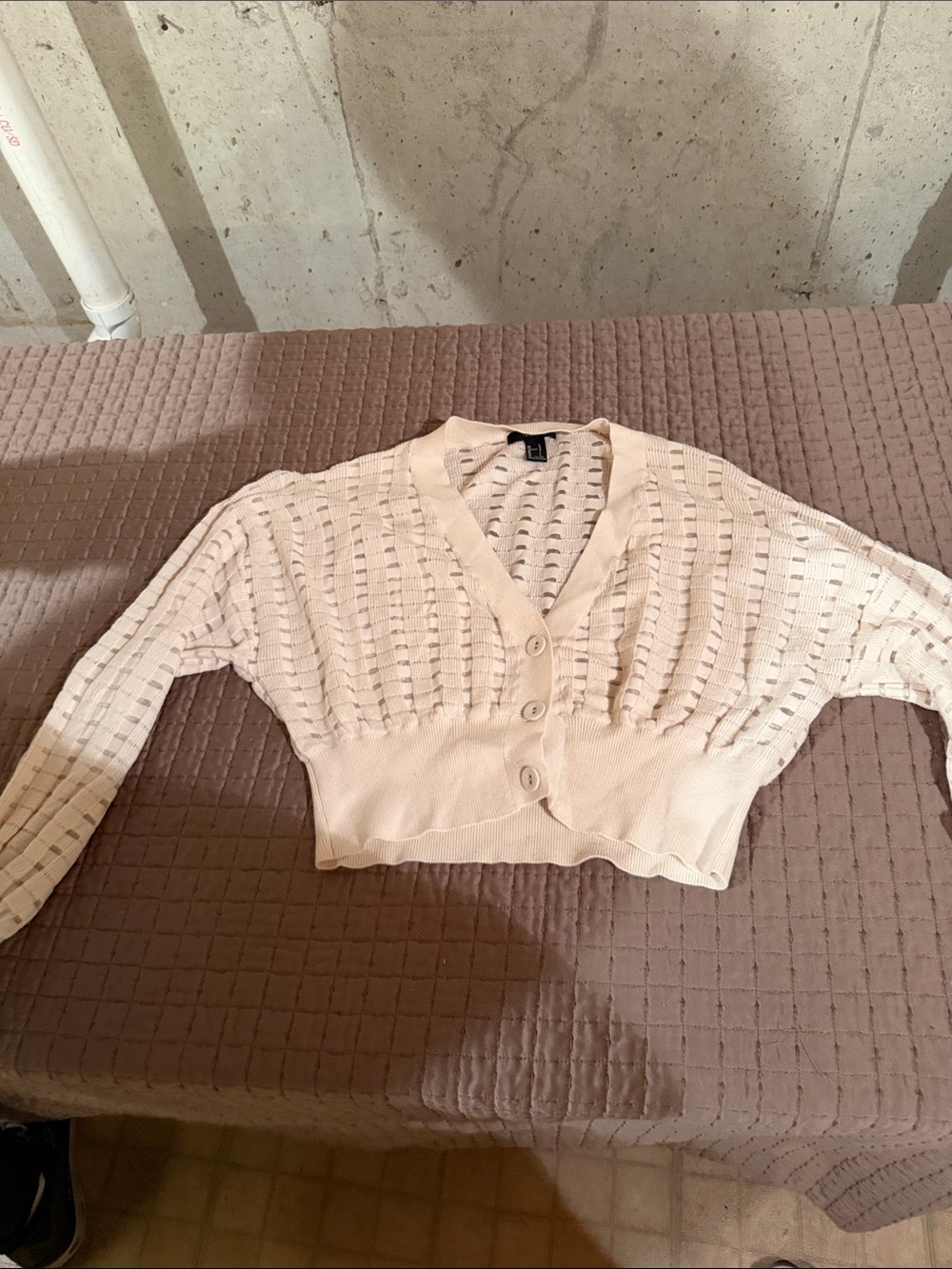 Cropped Cream Open-Weave Button Cardigan Sweater